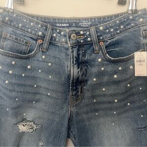 Customized pearl details Women's Distressed Blue Jeans
